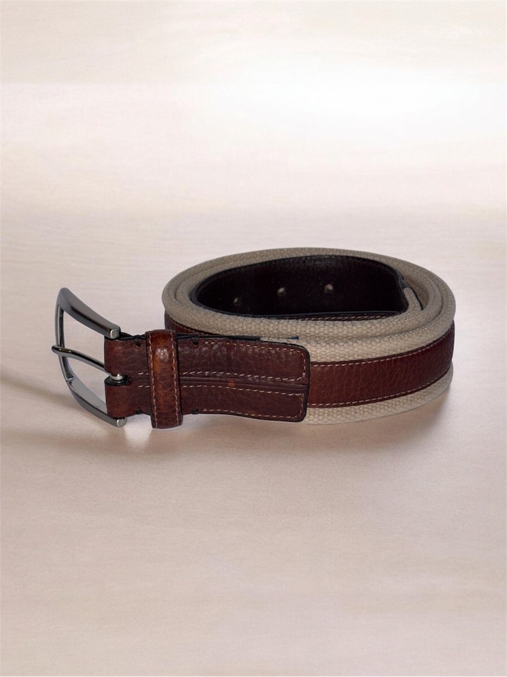 Joseph & Lyman Men's Brown Leather & Beige Canvas Belt - Classic Casual Size 38